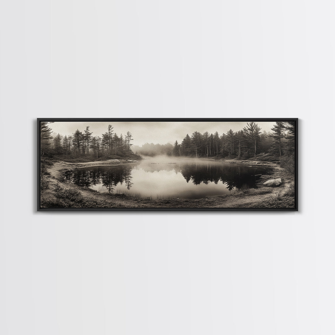 Misty Forest, Autumn Lake, Fog Reflections, Framed Canvas Print, cozy cabin decor, woodland living room art, rustic Fall photography