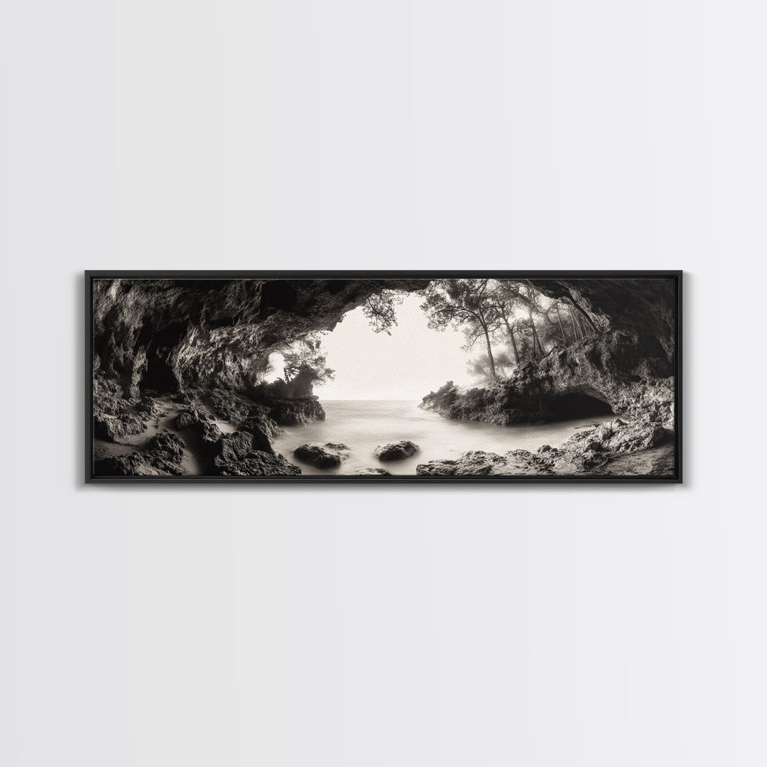 Ocean Cave, Coastal Trees, Natural Light, Canvas Print, tranquil coastal wall art, bedroom boho decor, dreamy nature scene artwork