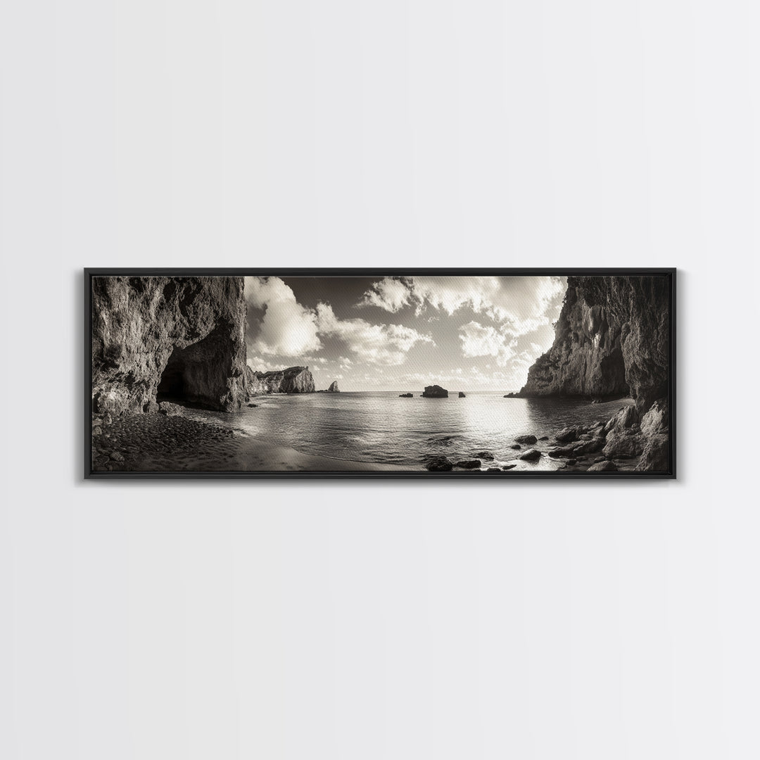 Coastal Cliffs, Ocean Horizon, Dramatic Sky, Framed Canvas Print, neutral living room decor, seascape photography, rustic modern wall art