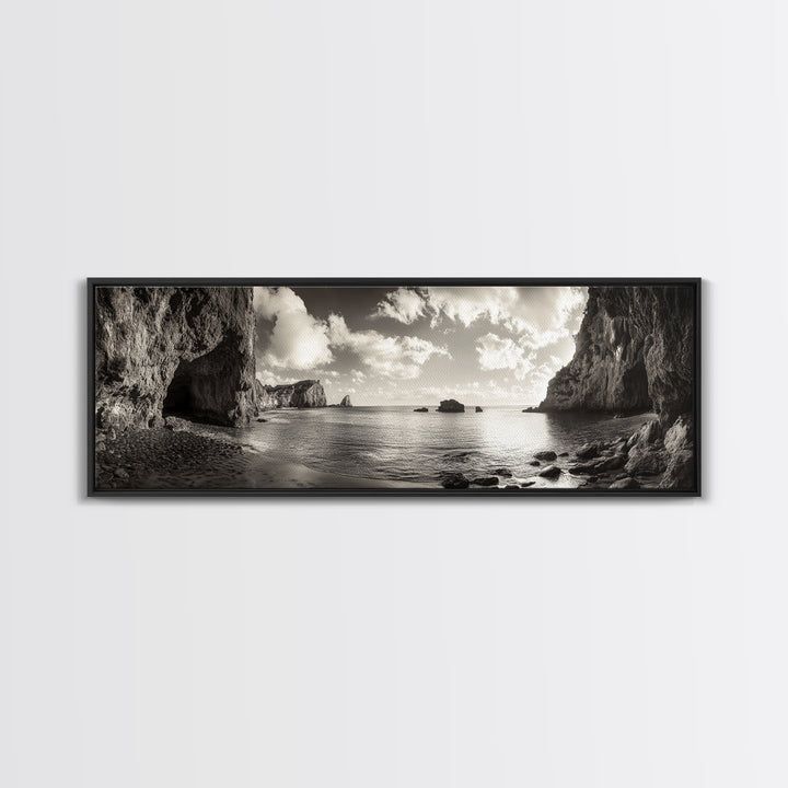 Coastal Cliffs, Ocean Horizon, Dramatic Sky, Framed Canvas Print, neutral living room decor, seascape photography, rustic modern wall art