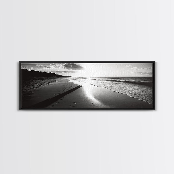 Beach Horizon, Sunset Shoreline, Ocean Reflections, Framed Canvas Print, black and white coastal art, modern bedroom wall decor