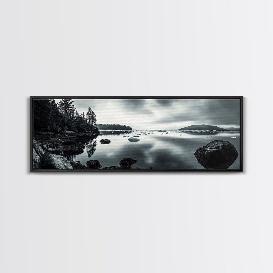 Arctic Shore, Ice Reflections, Northern Coastline, Framed Canvas Print, Moody ocean art, Coastal decor, Living room wall art, Monochrome nature
