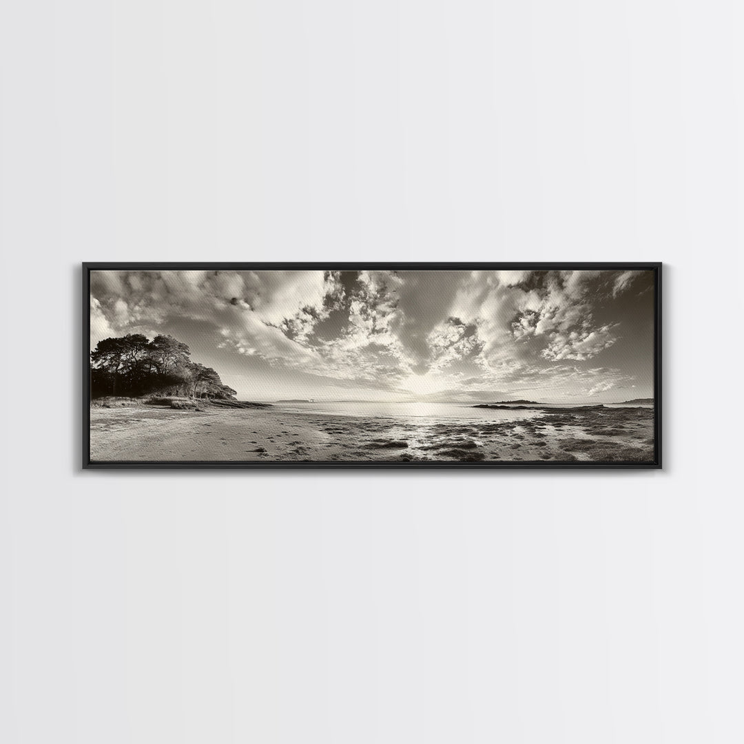 Coastal Sunrise, Expansive Sky, Cloudy Horizon, Framed Canvas Print, Earthy tone art, Beach house decor, Bedroom wall print, Serene landscape