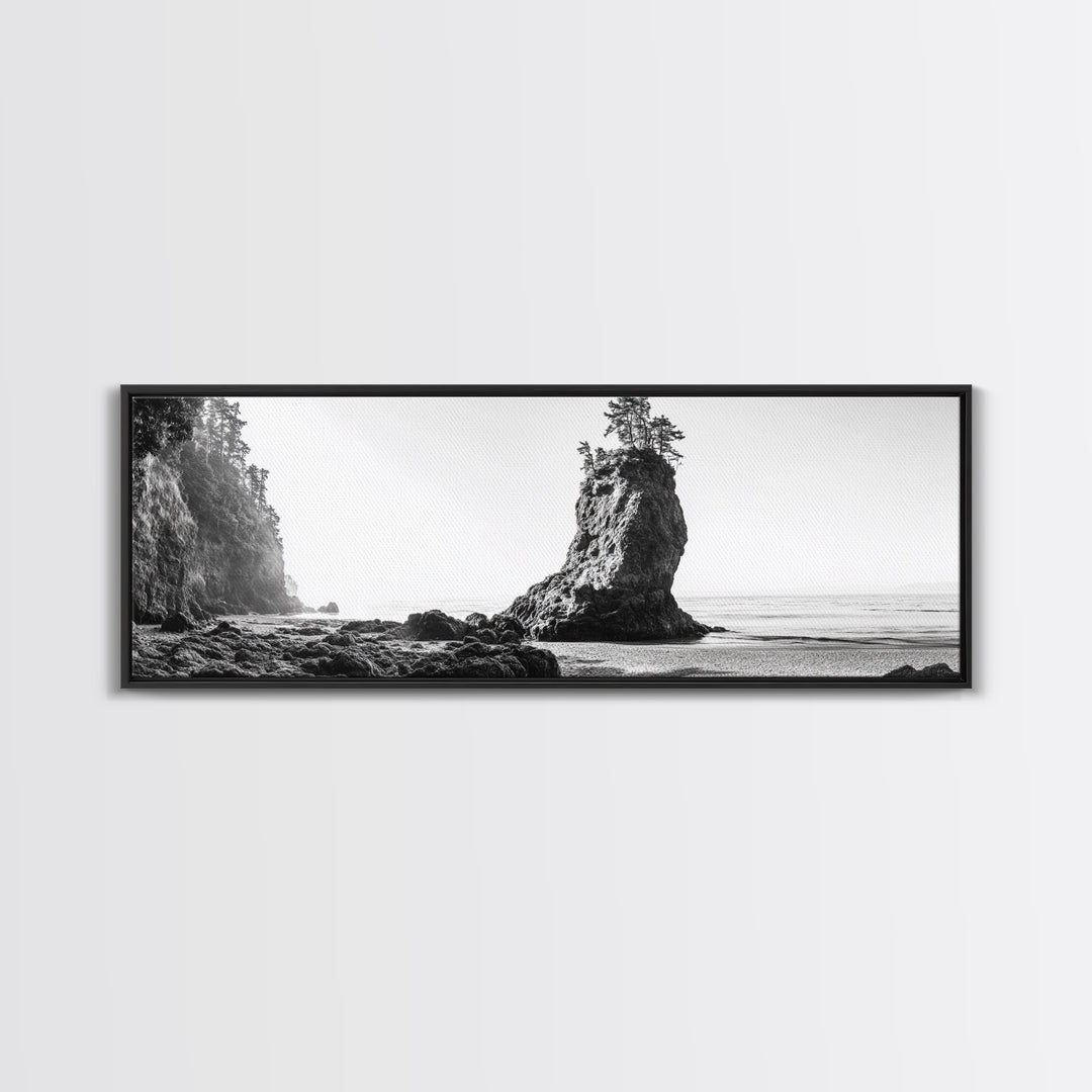 Sea Stack, Rugged Coast, Ocean Cliffside, Framed Canvas Print, Coastal landscape, Nature photography, Office wall art, Monochrome design