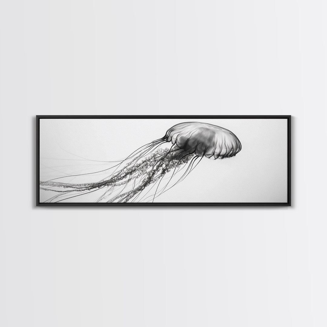 Jellyfish, Ocean Flow, Underwater Beauty, Canvas Print, Marine life wall decor, Coastal bathroom art, Minimalist ocean art, Black and white