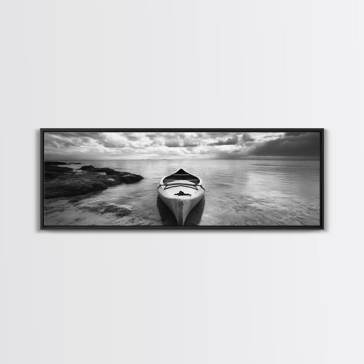 Canoe at Shore, Calm Waters, Peaceful Escape, Framed Canvas Print, Adventure art, Lakehouse decor, Hallway wall piece, Monochrome nature