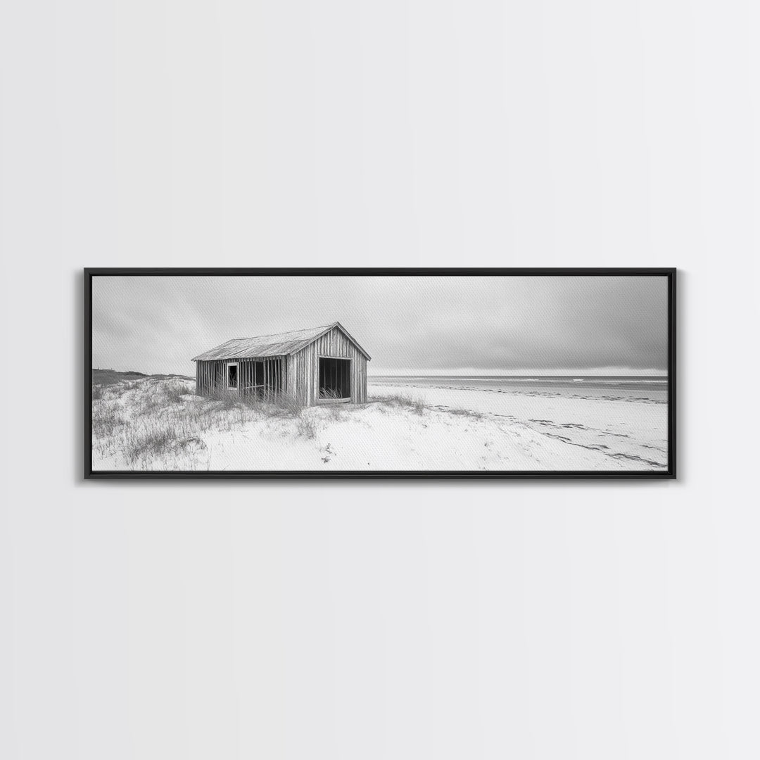 Abandoned Shack, Coastal Ruin, Weathered Barn, Ocean Horizon, Framed Canvas Print, Rustic Wall Art, Fall Decor, Minimal Seaside Aesthetic
