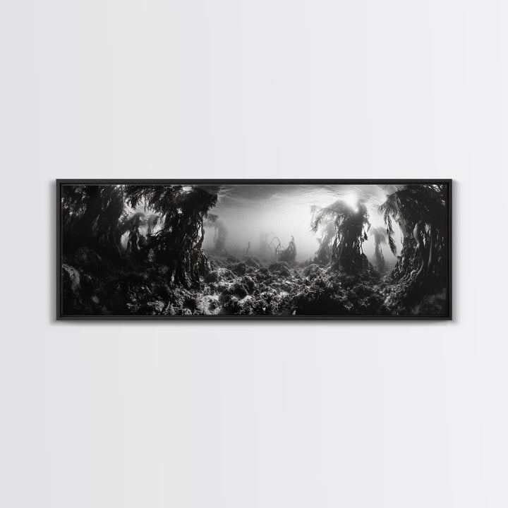 Kelp Forest, Underwater Magic, Ocean Depths, Framed Canvas Print, Marine nature photography, Bathroom wall decor, Moody coastal aesthetic