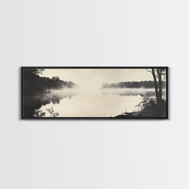 Misty River, Forest Reflection, Black and White Nature, Framed Canvas Print, Tranquil Decor, Bedroom Wall Art, Moody Minimalist Art