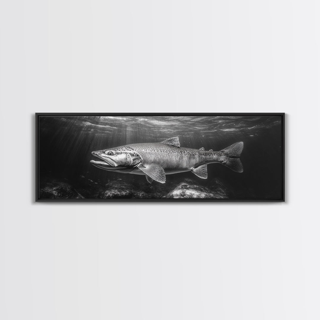 Underwater Fish, Lake Trout, Black and White Ocean, Framed Canvas Print, Coastal Bathroom Art, Fisherman Gift, Nautical Wall Decor