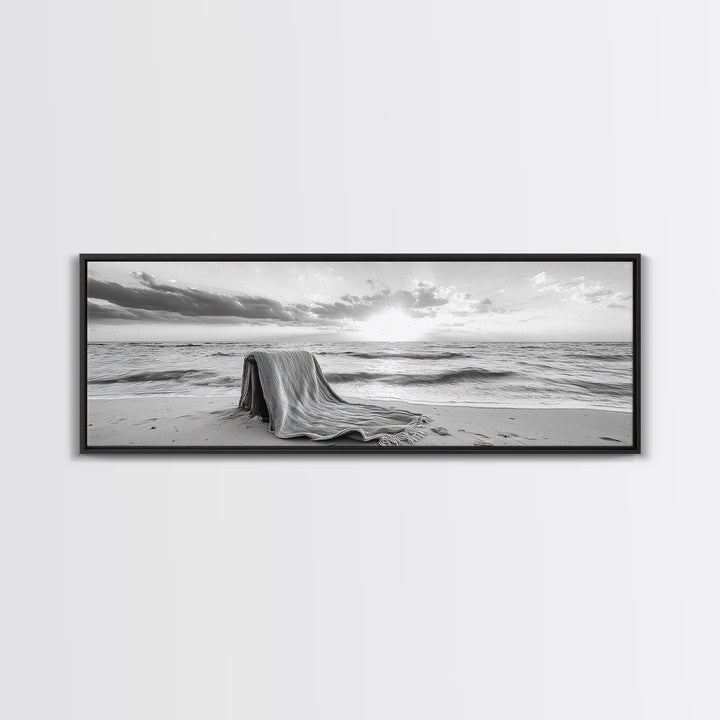 Blanket Beach, Woven Texture, Ocean Sunset, Tranquil Shore, Framed Canvas Print, Boho Wall Art, Bedroom Decor, Soft Coastal Photography Style