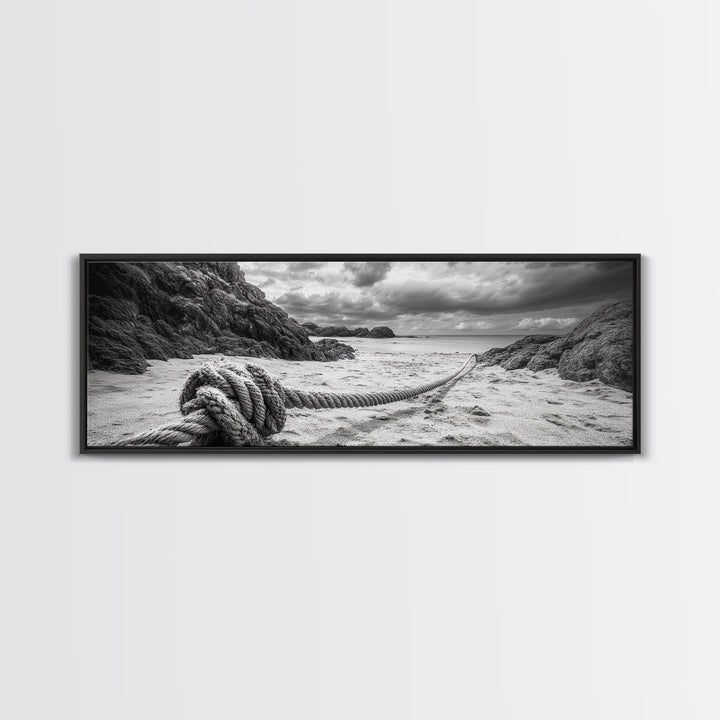 Nautical Rope Shore, Moody Ocean Rocks, Coastal Minimalist, Framed Canvas Print, Entryway Wall Art, Rustic Nautical Decor, Lakehouse Wall Art