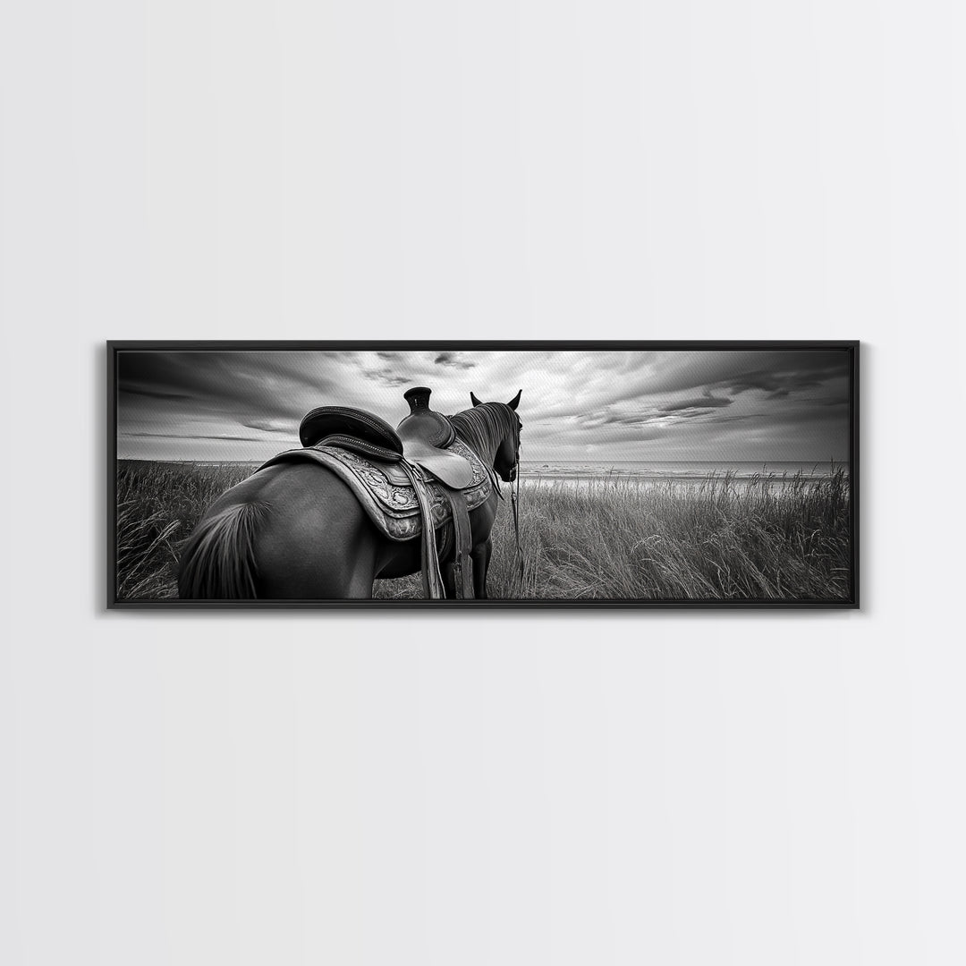 Western Horse Beach, Saddle Detail Horizon, Equestrian Art, Framed Canvas Print, Farmhouse Wall Art, Cowboy Country Decor