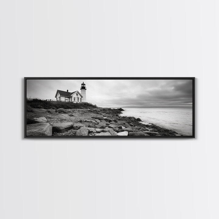 Classic Lighthouse Shore, Rocky Coastline Fog, Seaside Charm, Framed Canvas Print, Office Wall Art, New England Coastal Decor