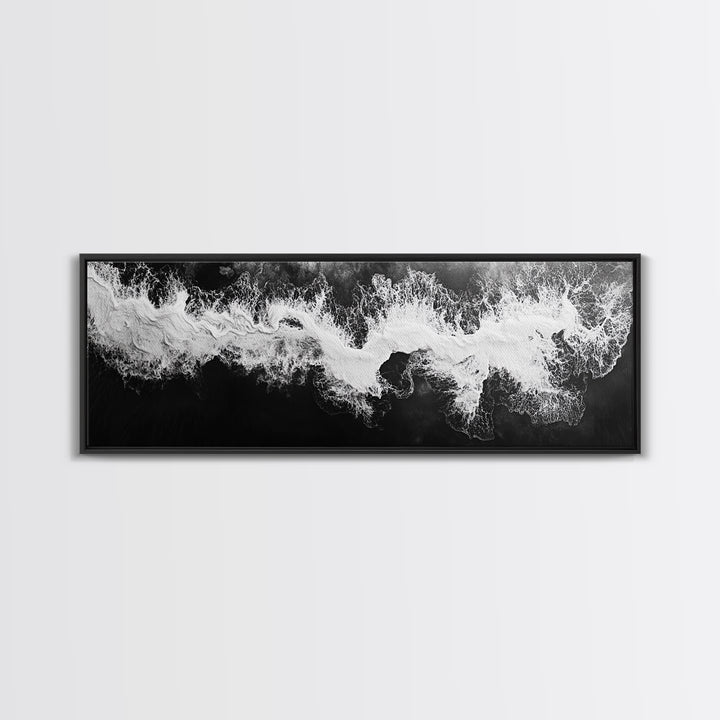 Ocean Wave, Aerial Surf, Coastal Abstract, Monochrome Motion, Framed Canvas Print, Modern Bathroom Art, Minimalist Art, Black and White Decor