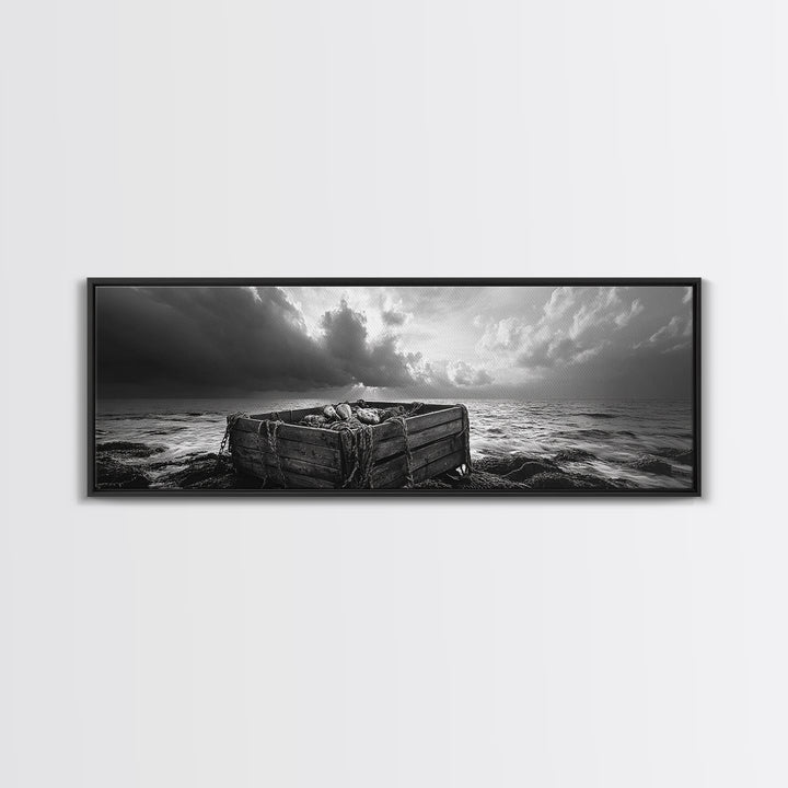 Ocean Harvest, Driftwood Crate, Coastal Mood, Framed Canvas Print, Nautical Wall Decor, Rustic Bathroom Art, Moody Coastal Artwork