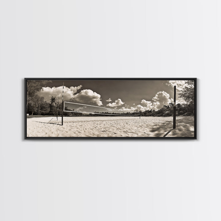 Beach Volleyball, Sand Court, Summer Fun, Tropical Clouds, Framed Canvas Print, Sports Room Wall Art, Coastal Decor, Sepia Beach Art