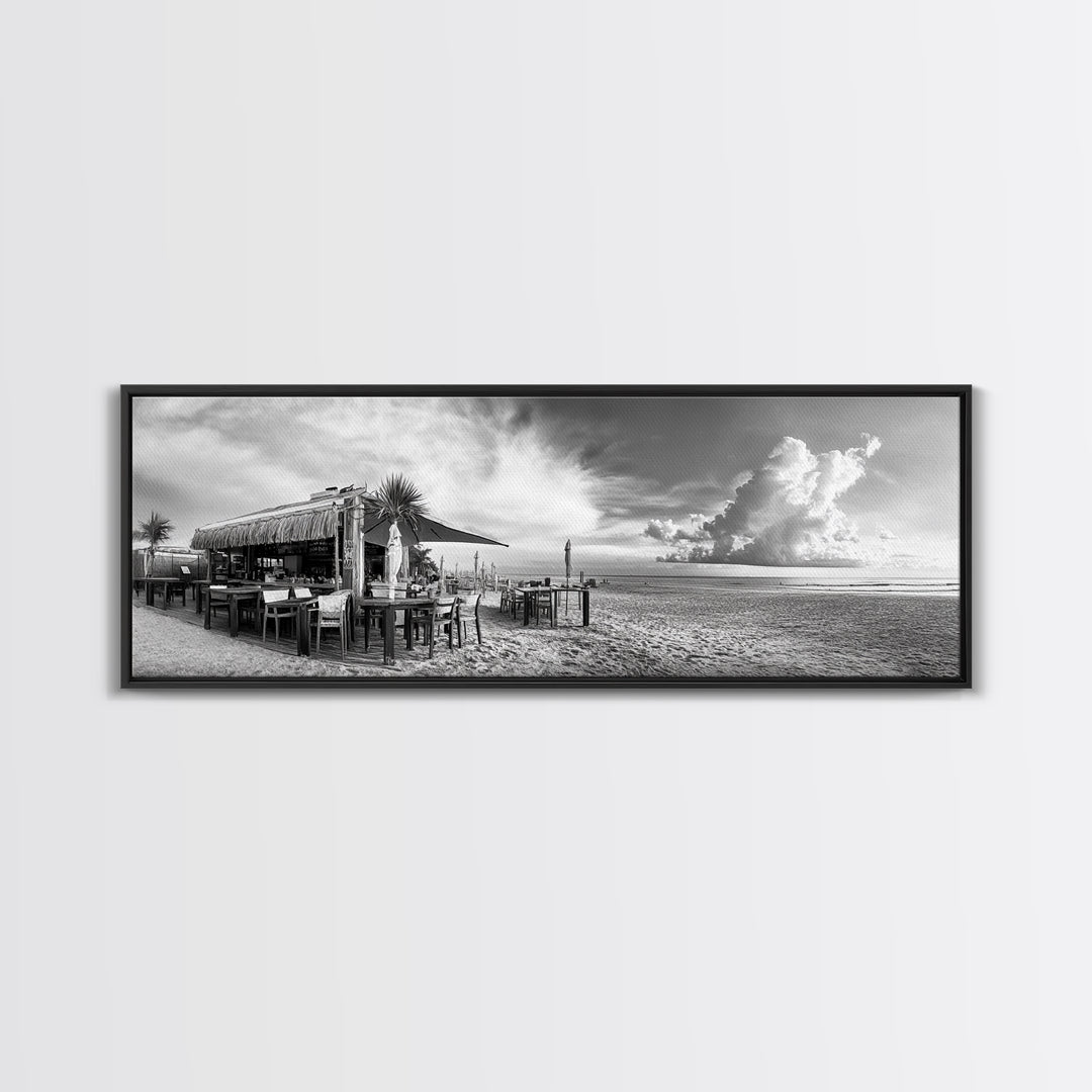 Seaside Bar, Beach Café, Oceanfront Dining, Cloudy Sky, Framed Canvas Print, Kitchen Wall Art, Black and White Tropical Art, Travel Decor