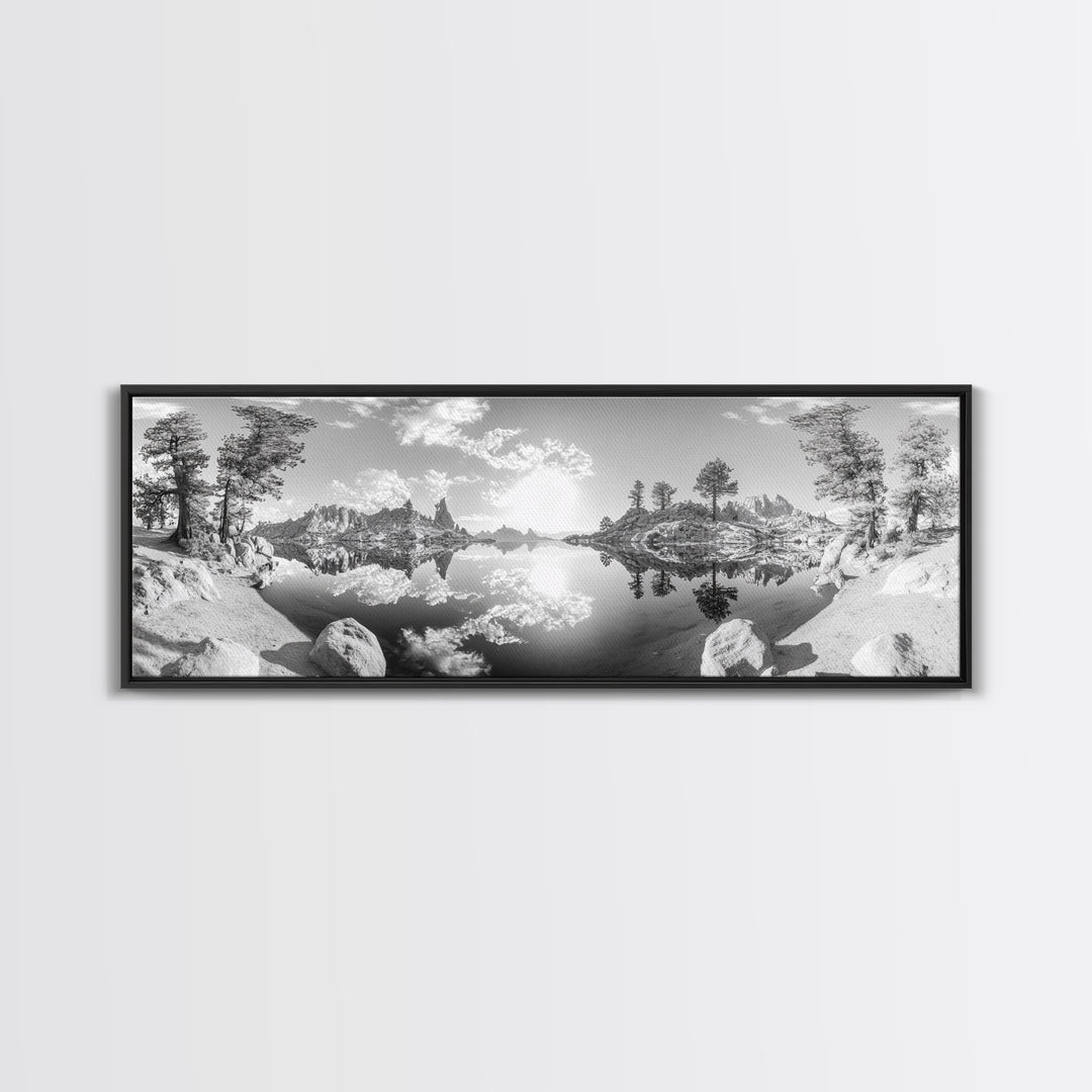 Mountain Reflections, Nature Panorama, Black and White Landscape, Framed Canvas Print, Living Room Wall Art, Modern Wilderness Decor