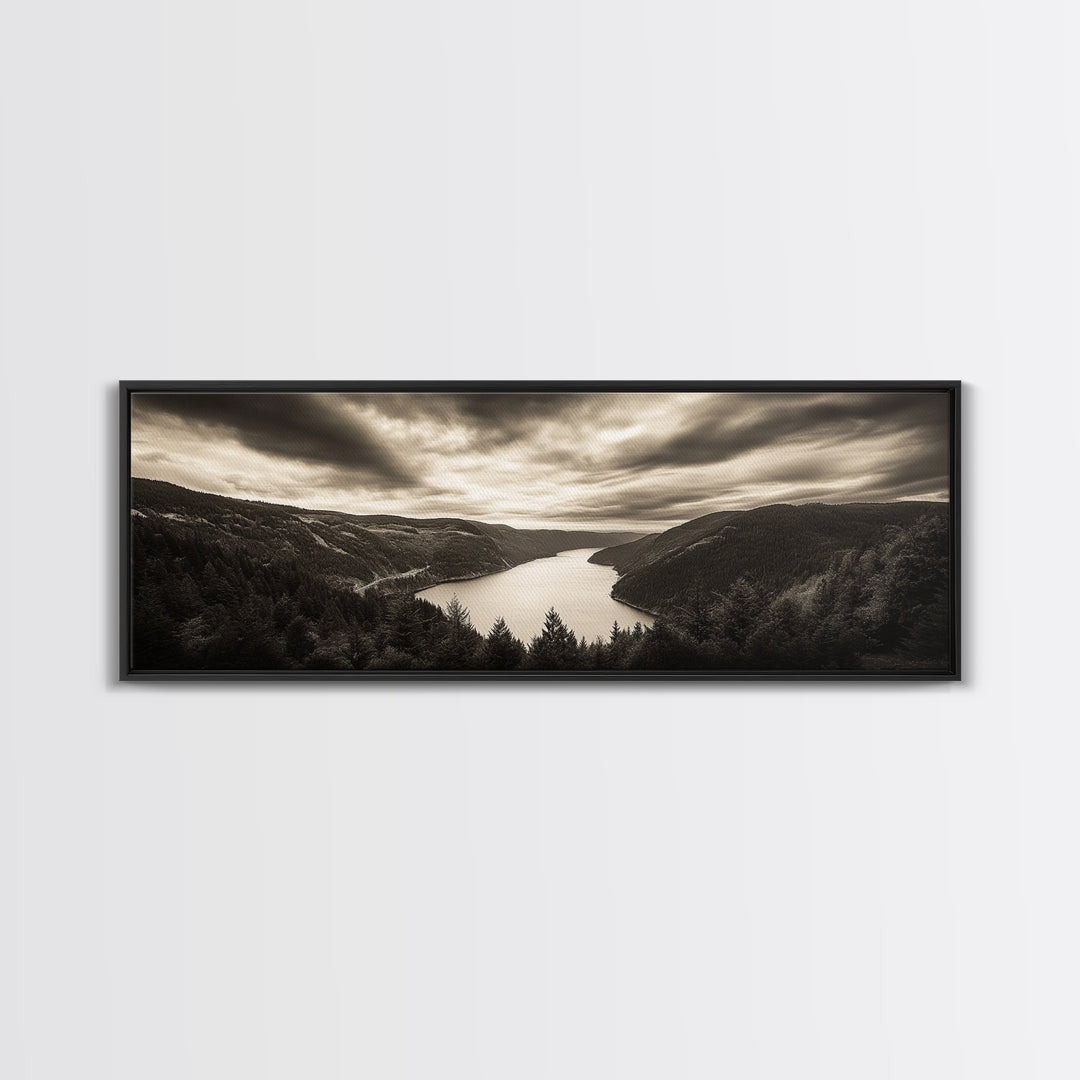 River Valley View, Dramatic Sky, Forest Landscape, Framed Canvas Print, Nature Photography, Entryway Wall Art, Moody Earth Tones