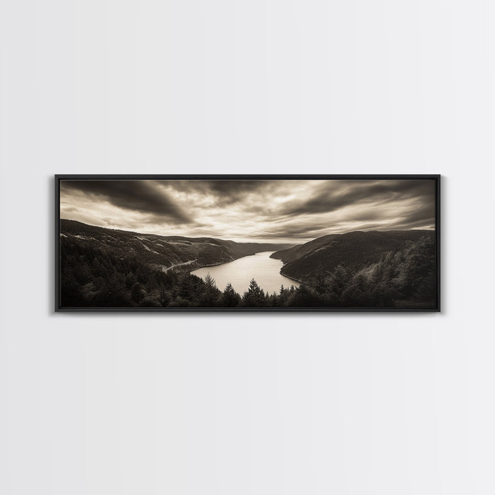 River Valley View, Dramatic Sky, Forest Landscape, Framed Canvas Print, Nature Photography, Entryway Wall Art, Moody Earth Tones