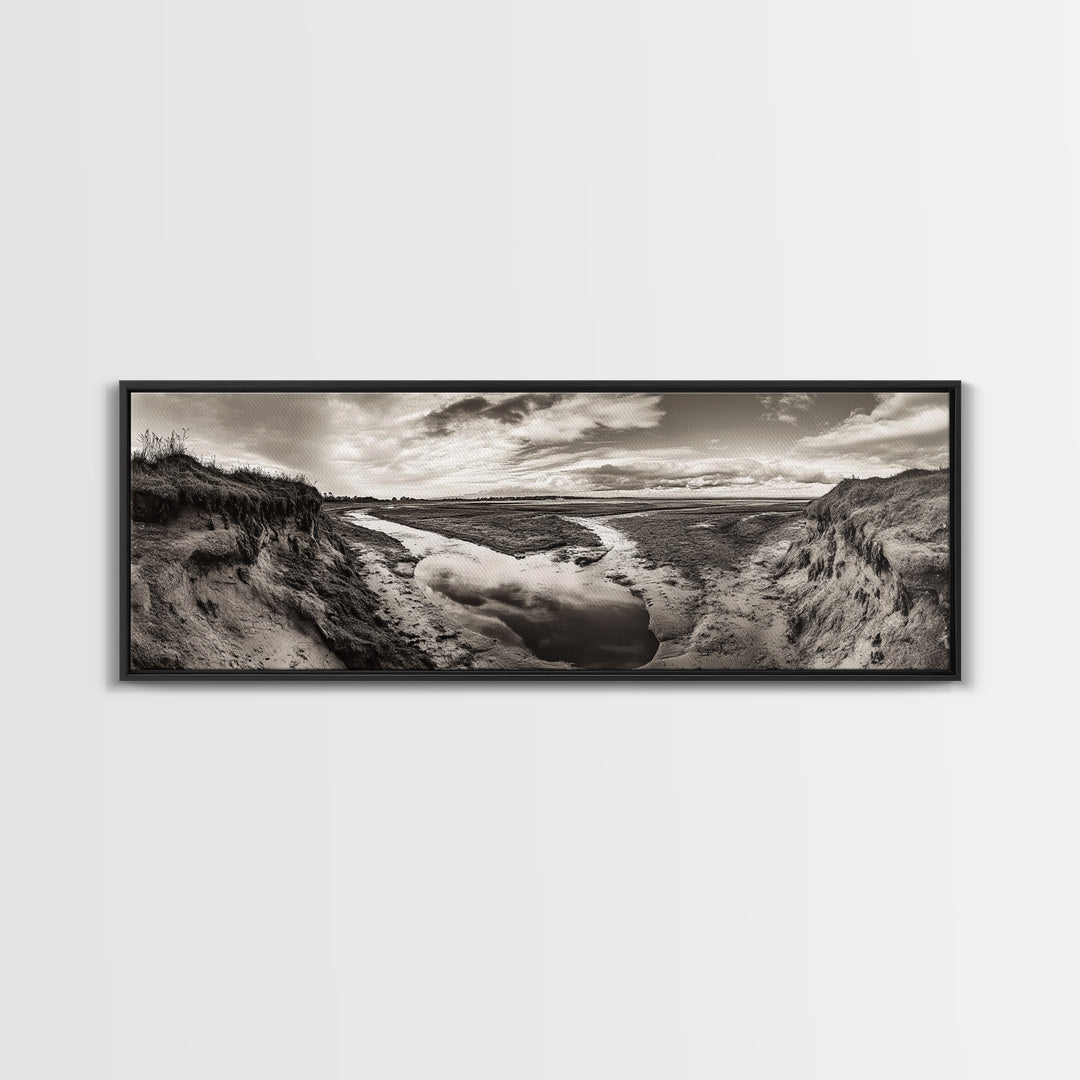 Marsh Landscape, Coastal Grasslands, Autumn Earth Tones, Framed Canvas Print, Fall Wall Art, Farmhouse Style, Rustic Entryway Decor