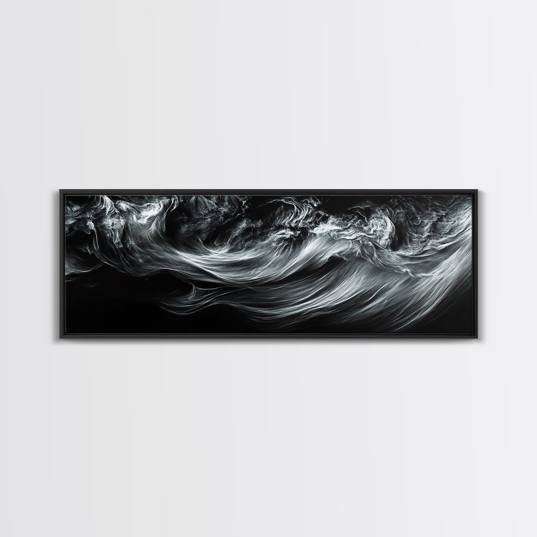 Abstract Ocean Waves, Motion Energy Art, Black and White Fluid Lines, Framed Canvas Print, Modern Wall Art, Minimalist Living Room