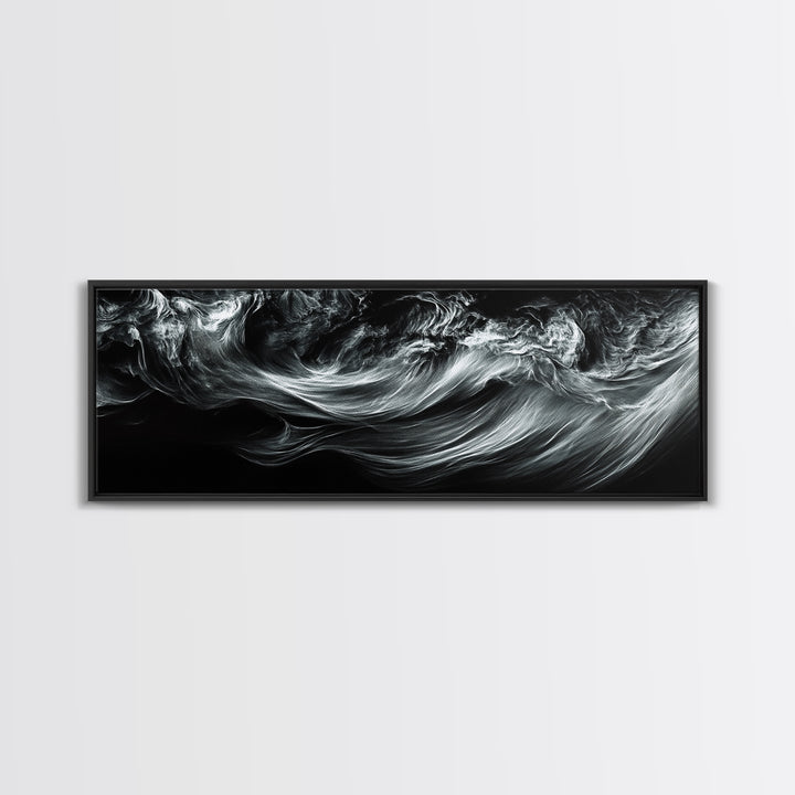 Abstract Ocean Waves, Motion Energy Art, Black and White Fluid Lines, Framed Canvas Print, Modern Wall Art, Minimalist Living Room