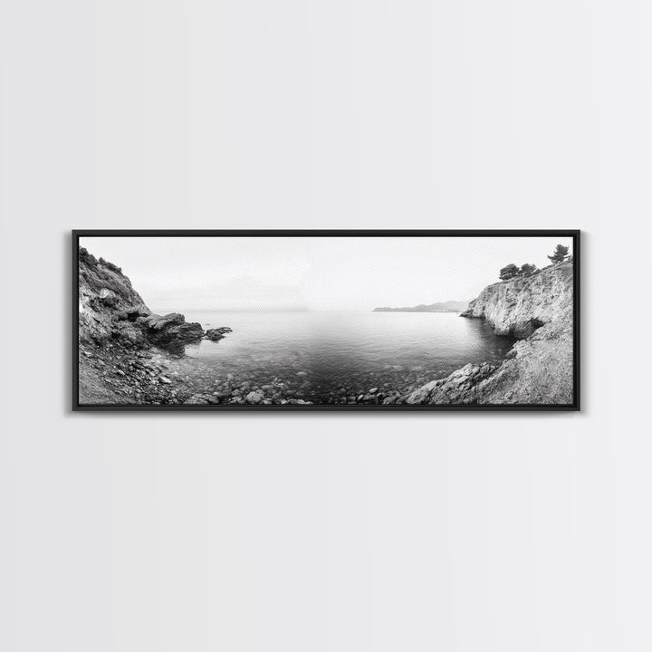 Rocky Coastline, Minimalist Seascape, Black and White Shoreline, Framed Canvas Print, Coastal Wall Art, Bathroom or Hallway Decor