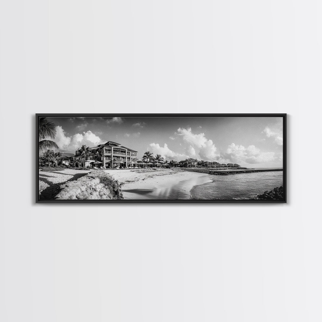 Beach Resort, Tropical Luxury, Oceanfront Hotel Art, Framed Canvas Print, Vacation Vibes, Bedroom Wall Art, Monochrome Decor