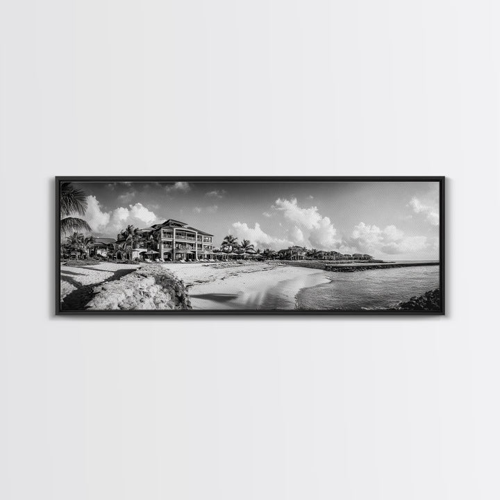 Beach Resort, Tropical Luxury, Oceanfront Hotel Art, Framed Canvas Print, Vacation Vibes, Bedroom Wall Art, Monochrome Decor