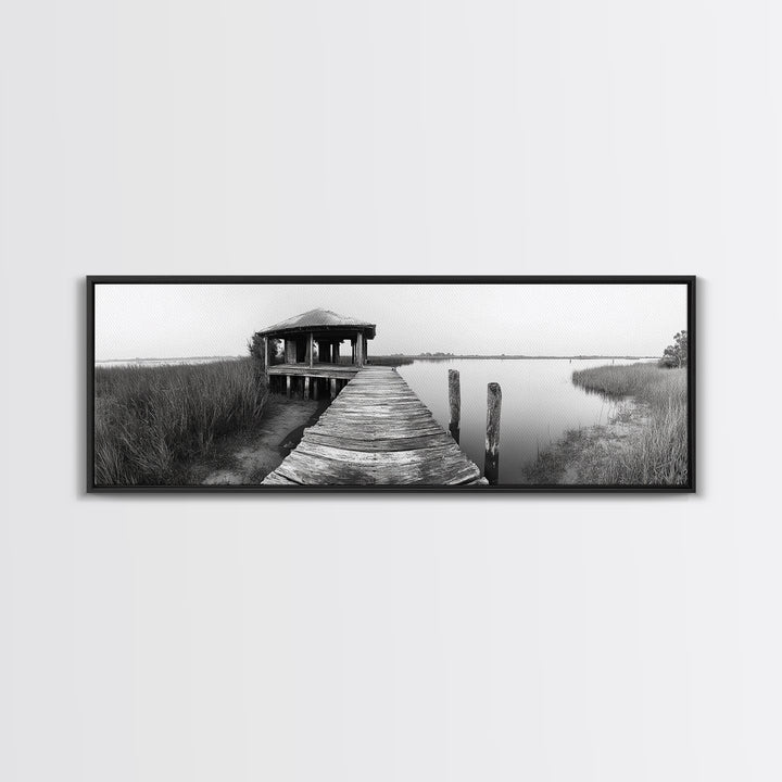 Abandoned Pier, Lakeside Shack, Black and White Marsh, Framed Canvas Print, Rustic Entryway Art, Minimalist Coastal Cabin Decor