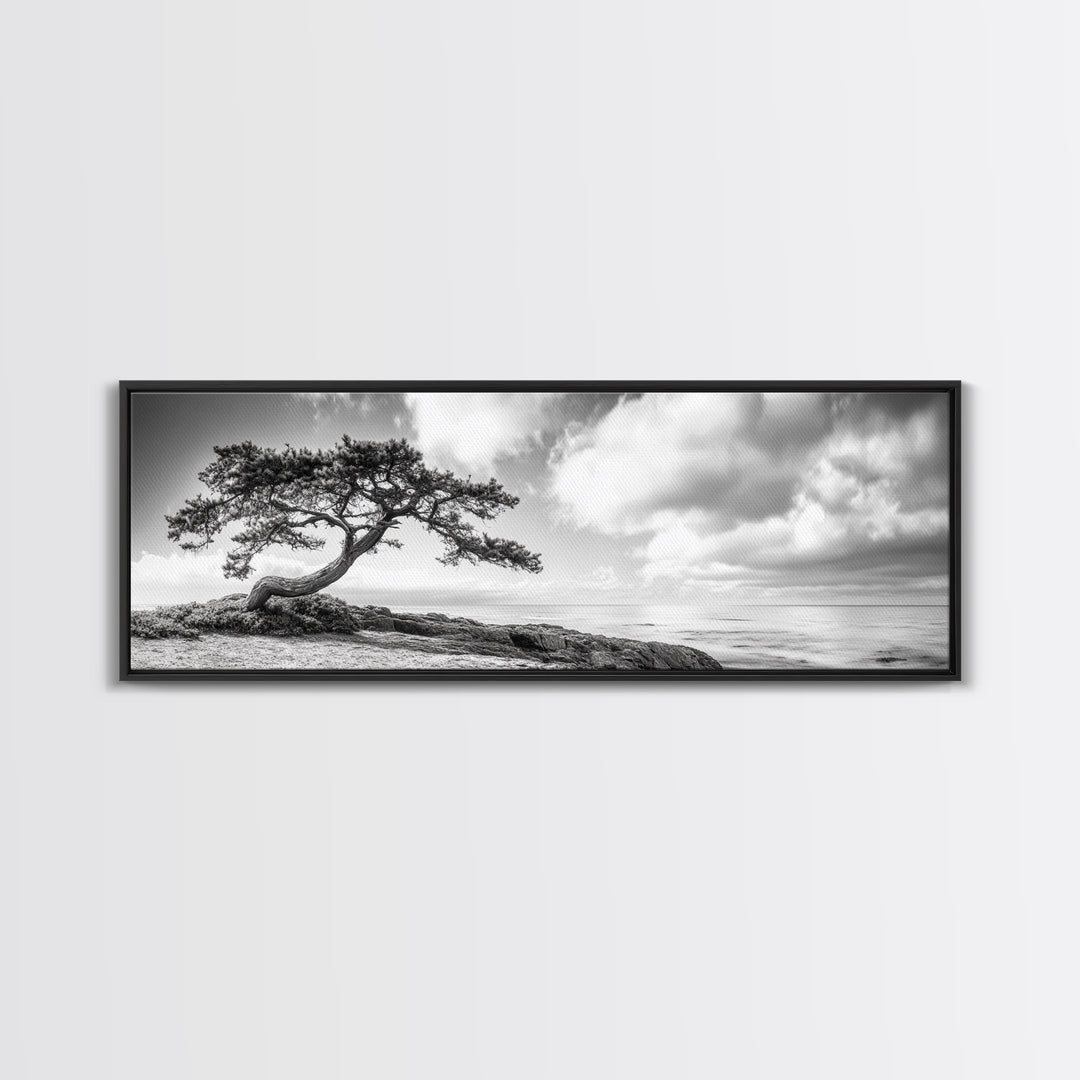 Windswept Tree, Coastal Nature, Ocean Cliff View, Framed Canvas Print, Zen Wall Art, Minimalist Decor, Calm Living Room Accent