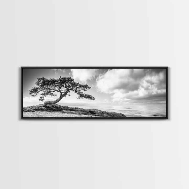 Windswept Tree, Coastal Nature, Ocean Cliff View, Framed Canvas Print, Zen Wall Art, Minimalist Decor, Calm Living Room Accent