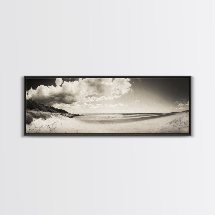 Cloudy Beach, Sandy Shoreline, Coastal Serenity, Framed Canvas Print, Neutral Tones Wall Art, Minimalist Bathroom or Hallway Decor