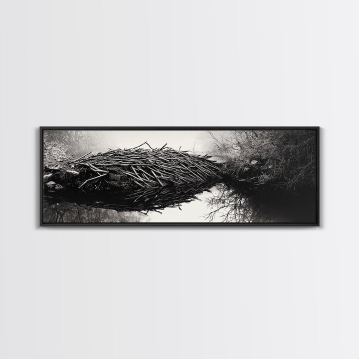 Beaver Dam, Nature Structure, Quiet Creek, Reflection Art, Framed Canvas Print, Cabin Wall Art, Rustic Decor, Woodland Black and White Art