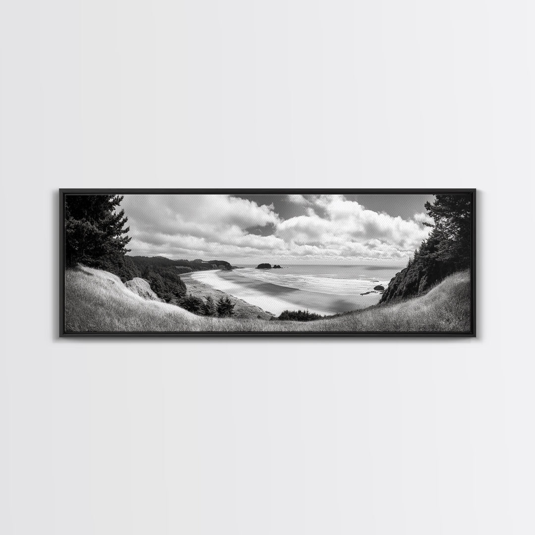 Ocean Bluff View, Seaside Hills, Coastal Forest Horizon, Framed Canvas Print, Nature Landscape Art, Living Room or Office Decor