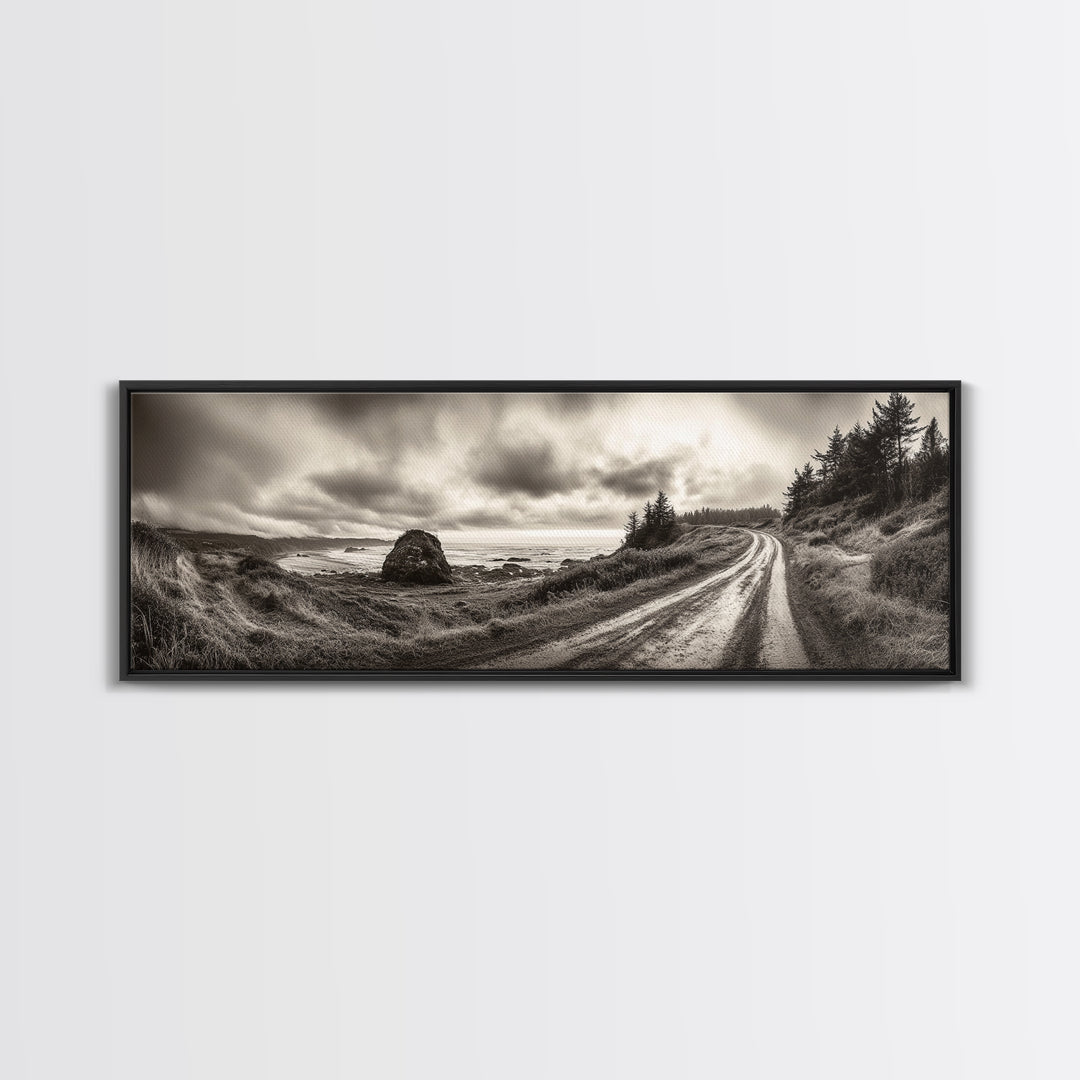 Coastal Road Journey, Overcast Ocean View, Scenic Drive Art, Framed Canvas Print, Fall Landscape Wall Art, Nature Lover, Living Room Decor