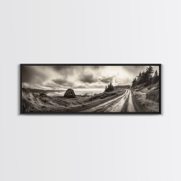 Coastal Road Journey, Overcast Ocean View, Scenic Drive Art, Framed Canvas Print, Fall Landscape Wall Art, Nature Lover, Living Room Decor