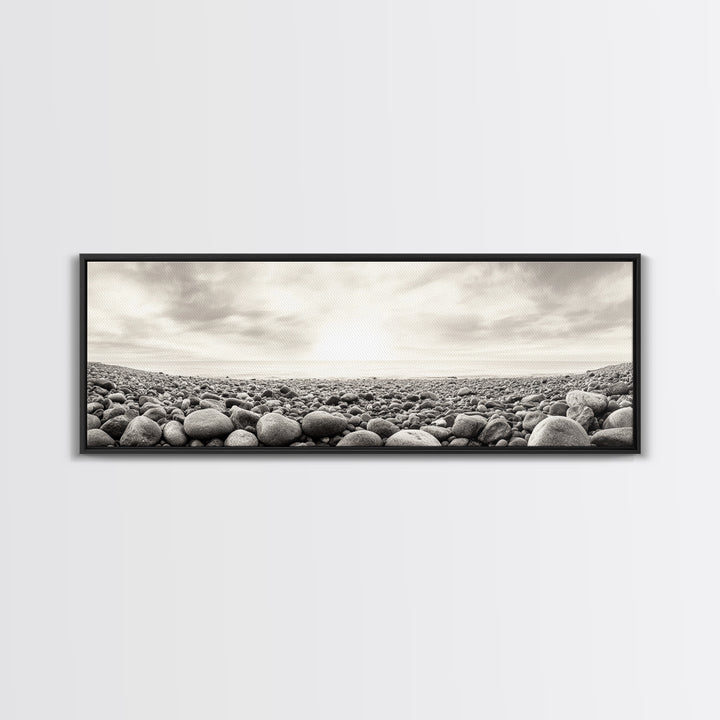 Pebble Shoreline, Soft Horizon, Beach Sunrise, Calm Coastal Decor, Framed Canvas Print, Neutral Tones, Bedroom Wall Art, Nature Minimalism