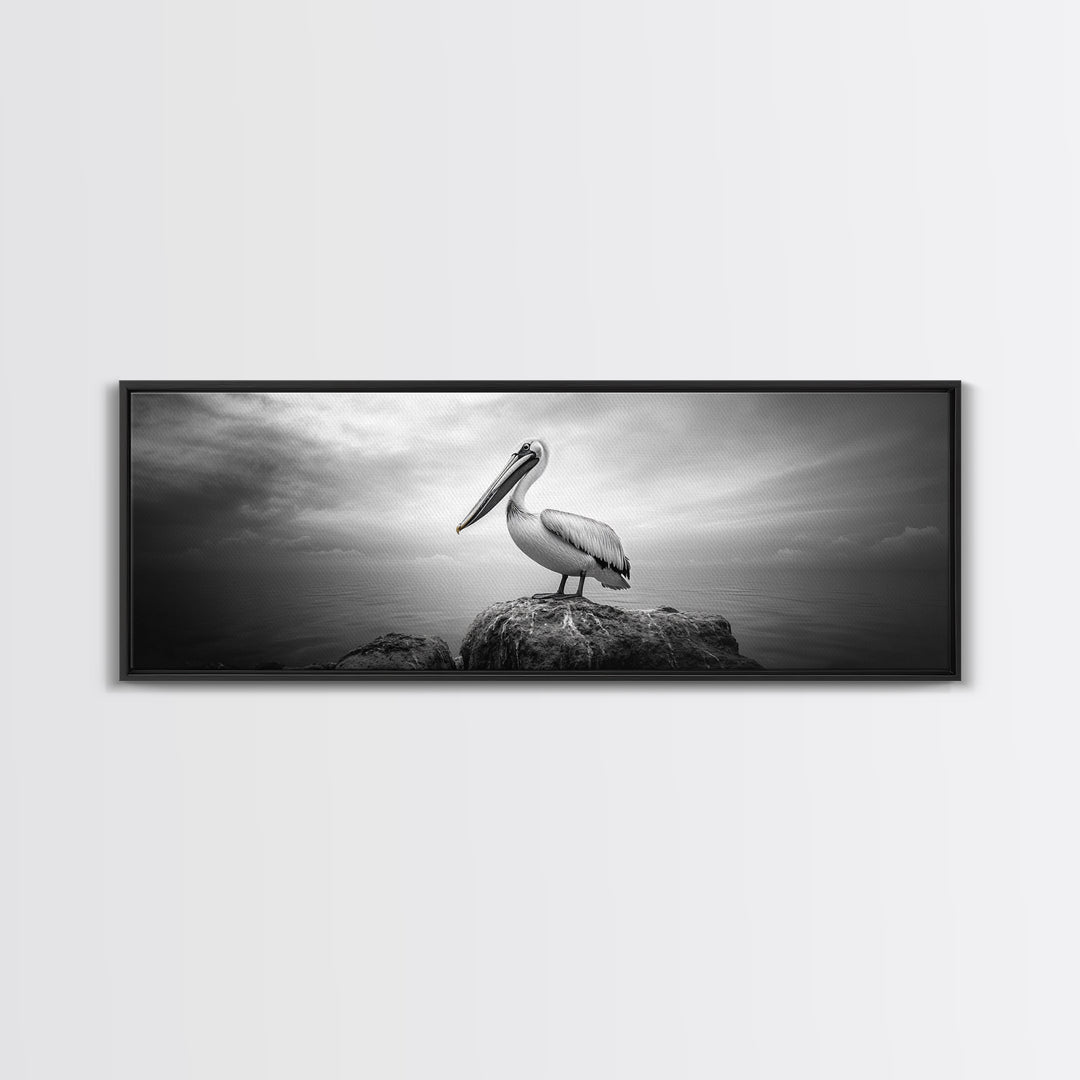 Coastal Pelican, Ocean Rock, Tranquil Wildlife Scene, Framed Canvas Print, Beach House Wall Art, Seaside Nature Decor, Moody Tones