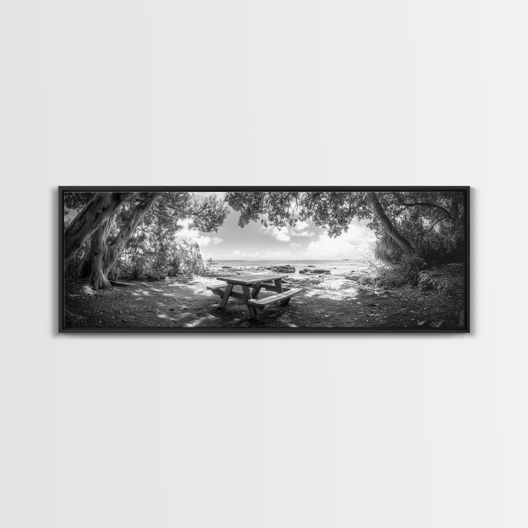 Secluded Picnic Spot, Ocean View, Tranquil Escape, Nature Sanctuary Art, Framed Canvas Print, Kitchen Wall Decor, Coastal Forest Vibe