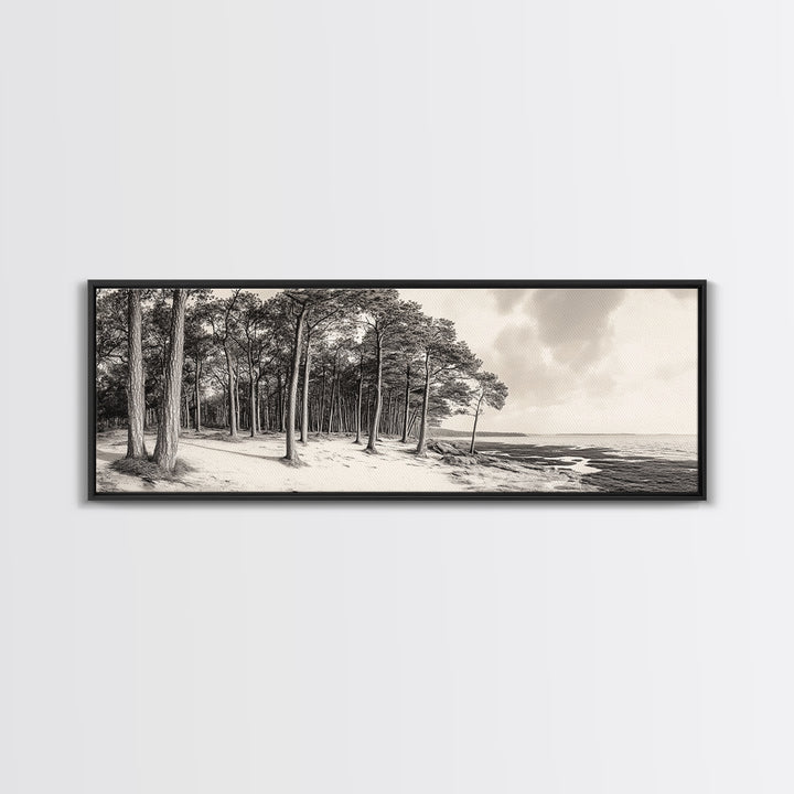 Pine Forest Coast, Tranquil Wilderness, Shoreline Trees, Earthy Coastal Scene, Framed Canvas Print, Rustic Wall Art, Autumn Cabin Decor