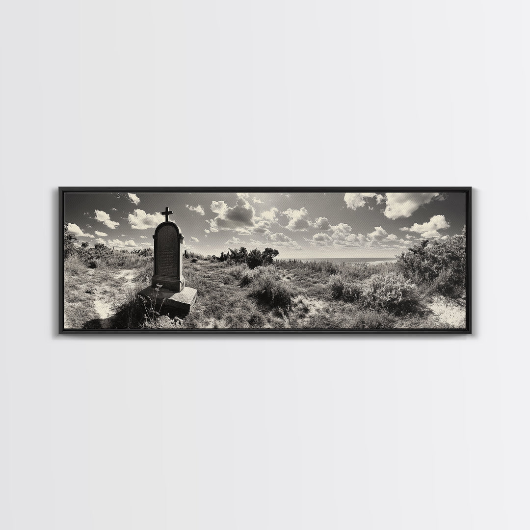 Coastal Tombstone, Sacred Landscape, Ocean Horizon, Graveyard Scene, Framed Canvas Print, Fall Living Room Decor, Moody Historical Art