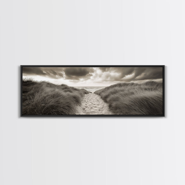 Sandy Dune Path, Grassy Trail, Seaside Journey, Beach Nature Scene, Framed Canvas Print, Minimalist Wall Art, Autumn Coastal Decor