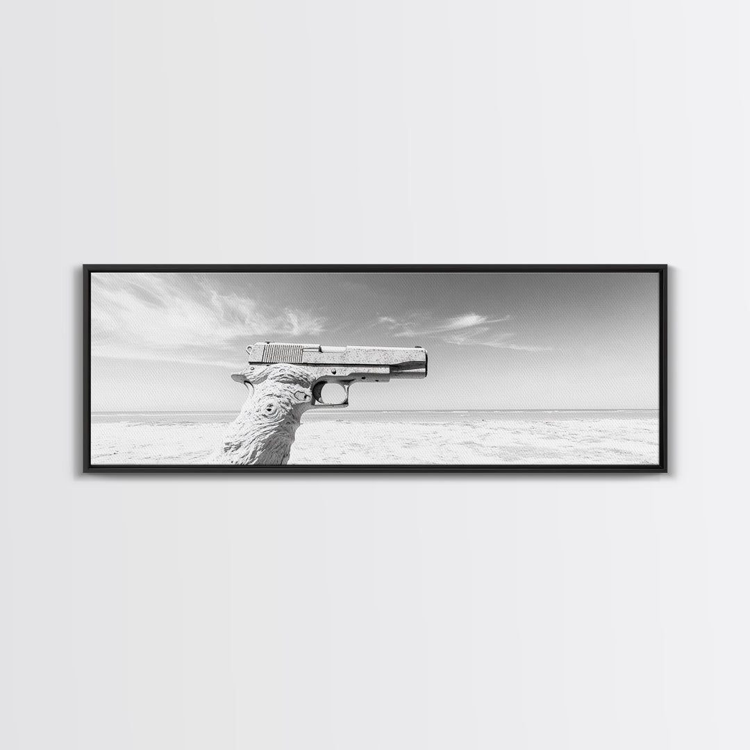 Desert Gun, Driftwood Grip, Coastal Surreal, Canvas Print, Minimalist Wall Art, Western Decor, Modern Living Room Art, Black and White Photo