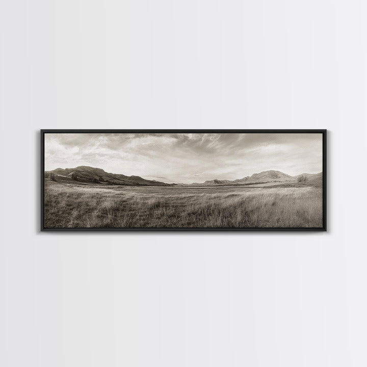 Golden Prairie, Mountain Horizon, Rustic Calm, Canvas Print, Fall Wall Art, Country Living Room Decor, Neutral Tones Photography