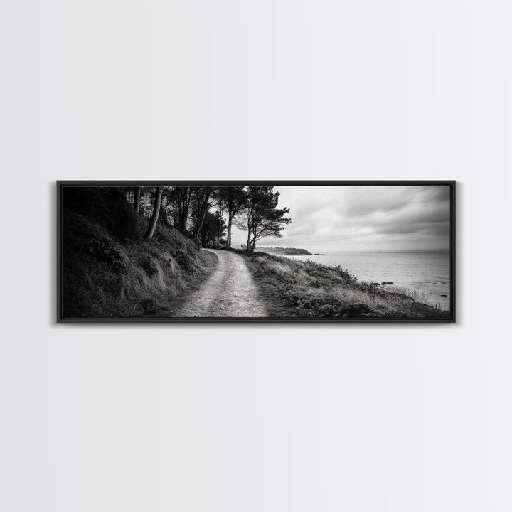 Coastal Trail, Forest Edge, Serene Path, Canvas Print, Black and White Nature Art, Entryway Wall Art, Tranquil Landscape, Moody Decor