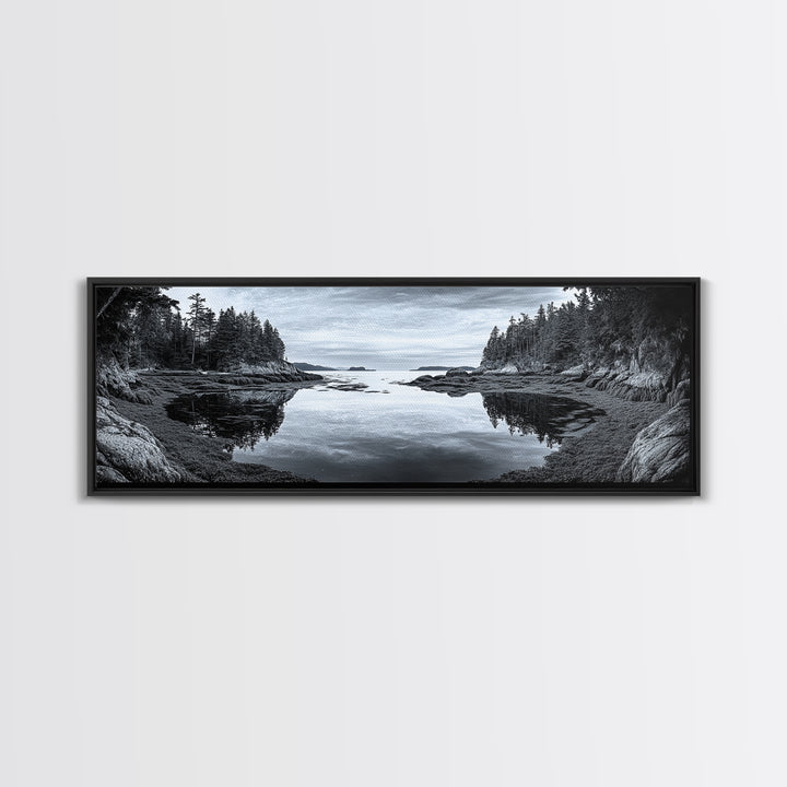 Forest Inlet, Calm Waters, Rocky Shore, Framed Canvas Print, Pacific Northwest Wall Art, Neutral Decor, Nature Photography, Rustic Vibes