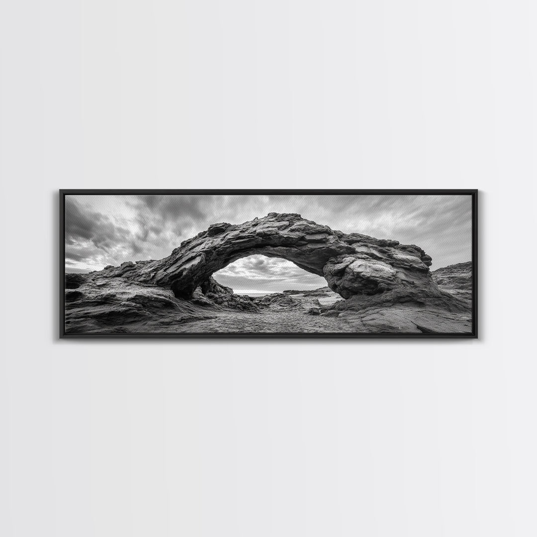 Rock Arch Landscape, Desert Formations, Dramatic Sky, Framed Canvas Print, Living Room Wall Art, Nature Inspired Decor, Monochrome Vibe